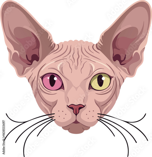 Sphynx Cat Face with Heterochromia Pink and Yellow Eyes Vector Illustration 