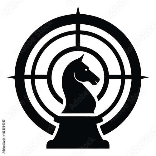 Vector art of a chess knight is centered in a target, symbolizing strategic thinking, precision, and aiming for success in competitive games isolated on white background
