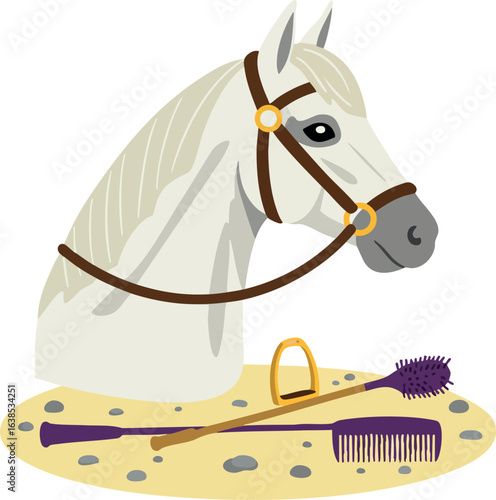 White horse head with brown bridle and grooming tools vector illustration in flat style 