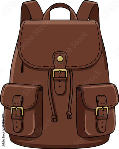 Brown leather backpack with buckles and front pockets vector illustration 
