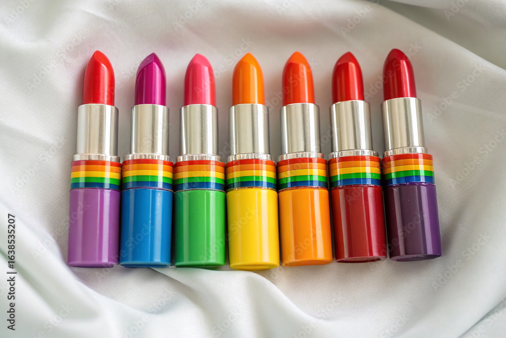 Obraz premium Rainbow lipsticks lay on silky white fabric. Glossy texture. Product photography, poster design, social media.