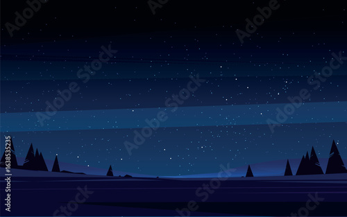 Night landscape with starry sky. In the background, you can see a dark sky with stars and a horizontal strip of lighter shade. In the foreground, there is a silhouette of trees.