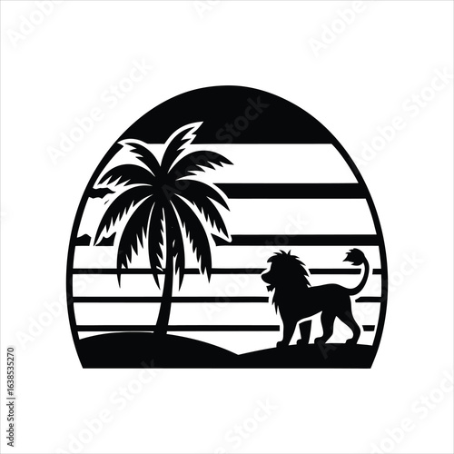 Wildlife Lion at Sunset Scene with Palm Tree Vector Artwork