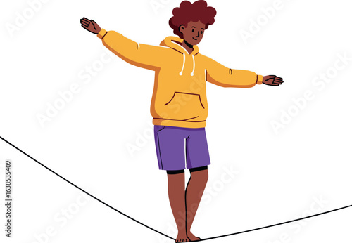 Boy balancing on tightrope with yellow hoodie and purple shorts vector illustration 