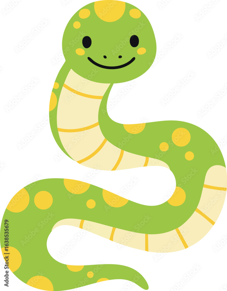 Fototapeta premium Green and yellow cartoon snake smiling vector illustration with simple design 