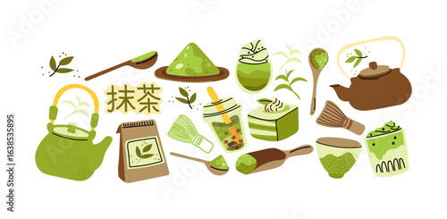 Matcha stickers set. Matcha bowls, whisks, tea pots, brewing tools, matcha latte, tea leaves. Hand drawn minimalist doodles, colorful retro icons. Matcha lovers collection.