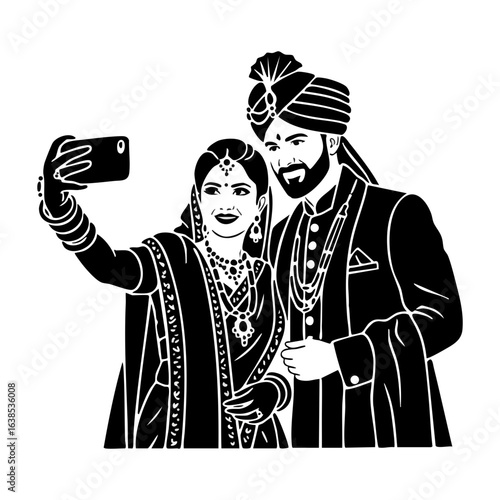Minimal Hindu Wedding Couple Taking Selfie Vector Illustration