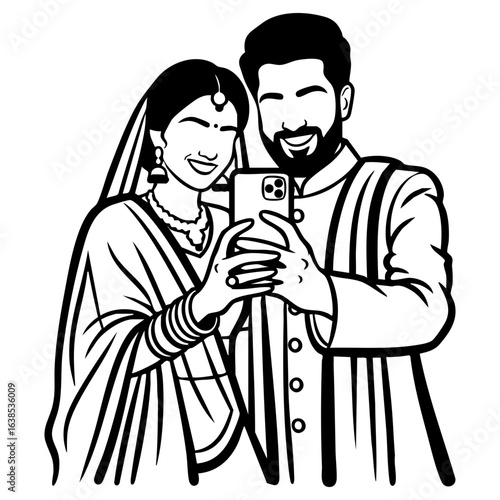 Minimal Hindu Wedding Couple Taking Selfie Vector Illustration