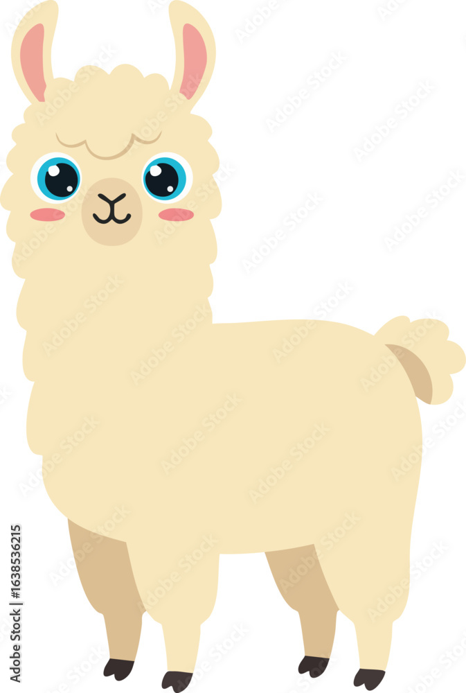 Fototapeta premium Cute beige llama with blue eyes cartoon style vector illustration 