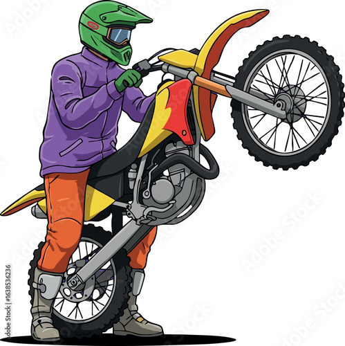 Motorcyclist performing wheelie on dirt bike with green helmet and colorful outfit vector illustration 