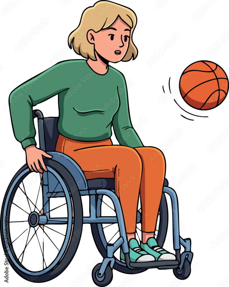 Fototapeta premium Woman in wheelchair playing basketball with orange ball active lifestyle vector illustration 