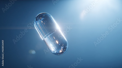 Futuristic translucent capsule floating against a blue medical backdrop with light refraction.