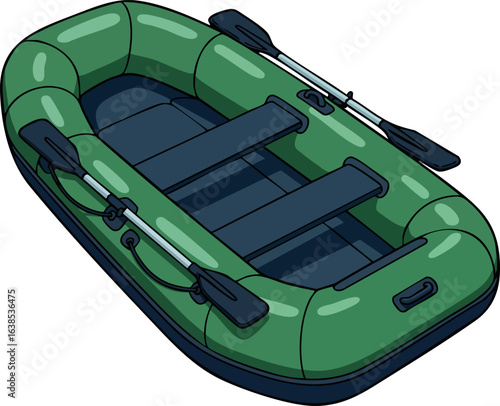 Inflatable green rubber boat with black paddles and seating for leisure water activities 