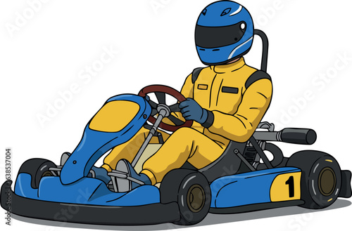Go-kart racing driver in yellow suit with blue helmet driving high-speed kart vector illustration 