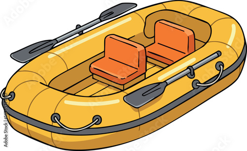 Inflatable yellow raft boat with orange seats and paddles vector illustration 