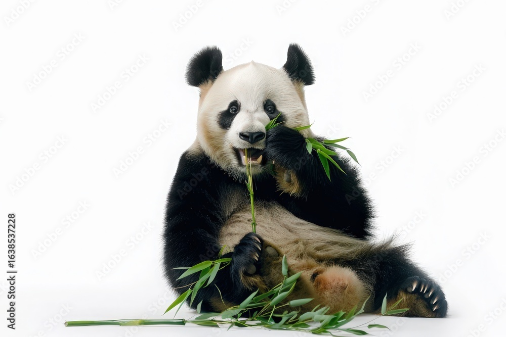 Naklejka premium Giant Panda with Bamboo Isolated White