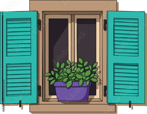 Window with turquoise shutters and potted green plant in purple pot vector illustration 