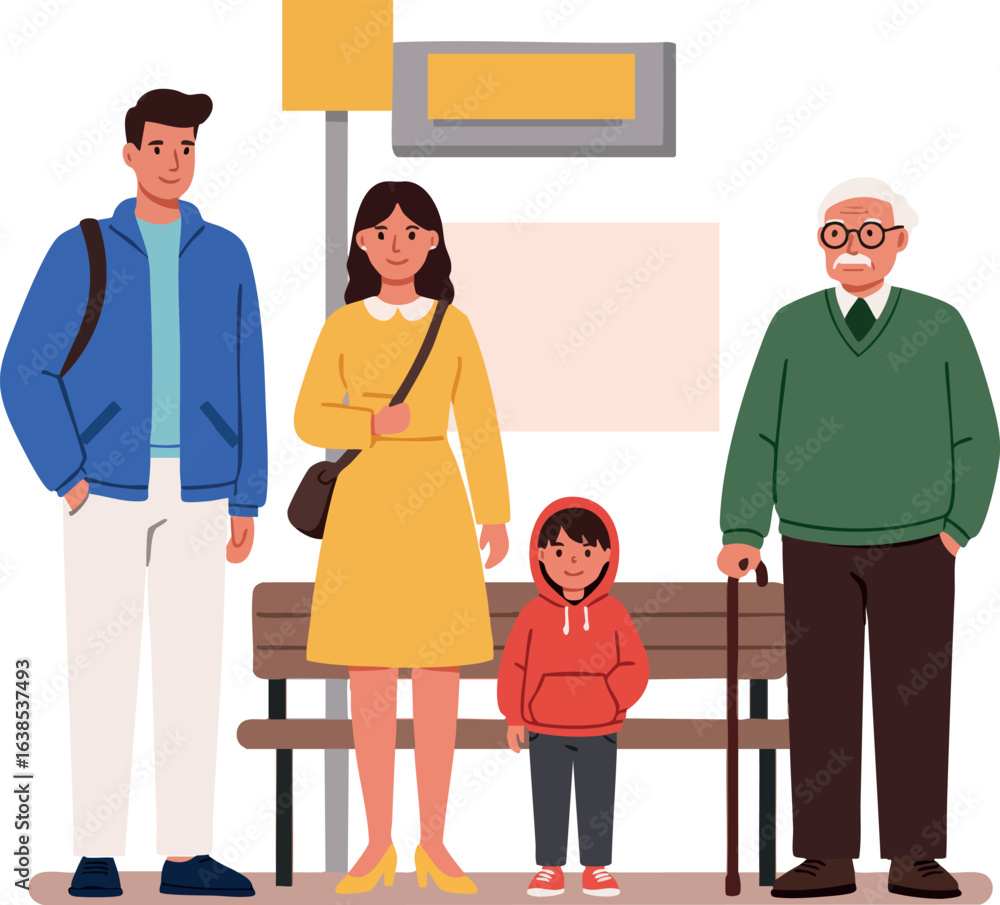 Obraz premium Multigenerational Family Standing Near Bench Wearing Casual Clothes Vector Illustration