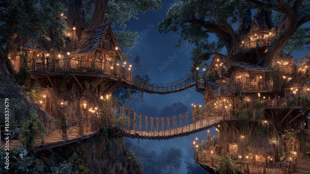 Obraz premium Nighttime Treetop Village, Illuminated Bridges, Fantasy Setting, Magical Retreat