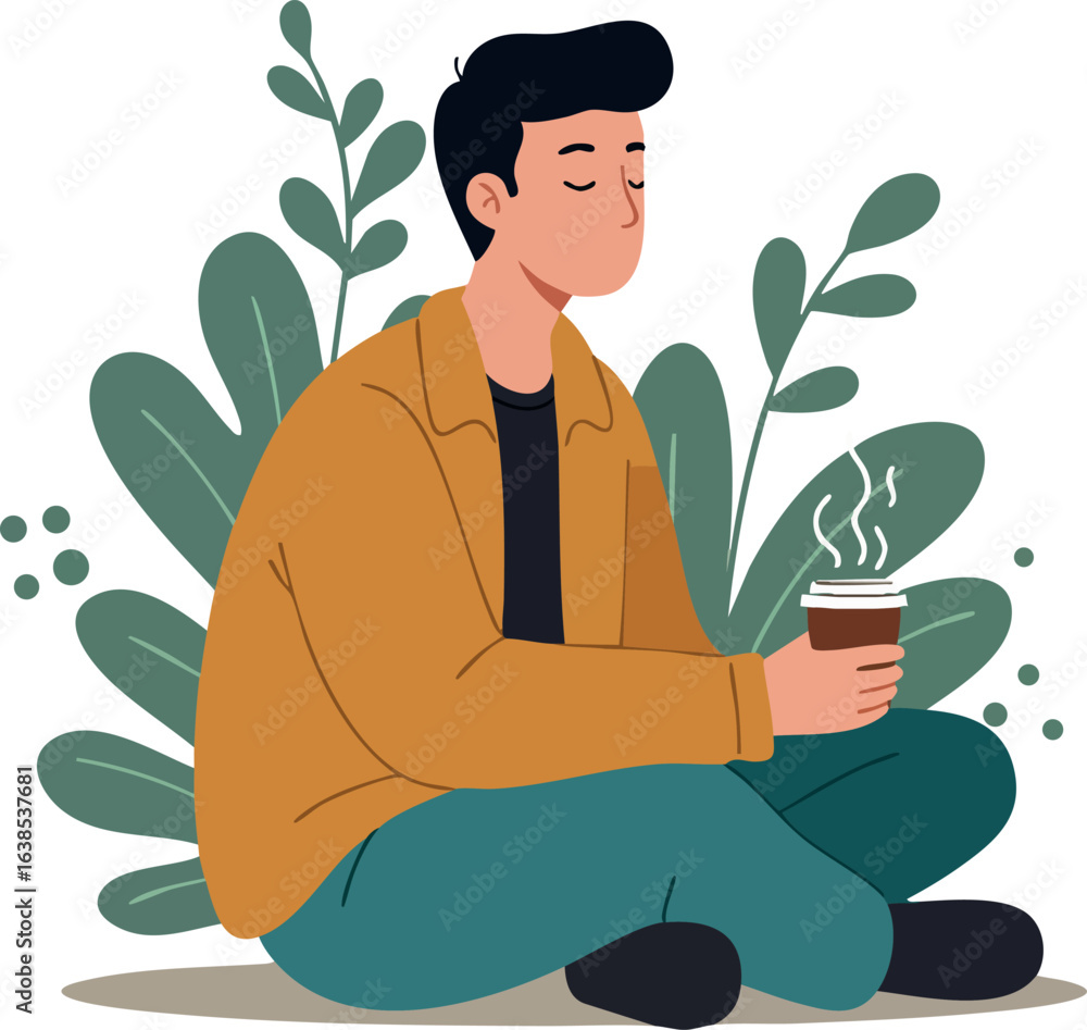 Young man drinking hot coffee outdoors with green plants background calm mood Young man drinking hot coffee outdoors with green plants background calm mood