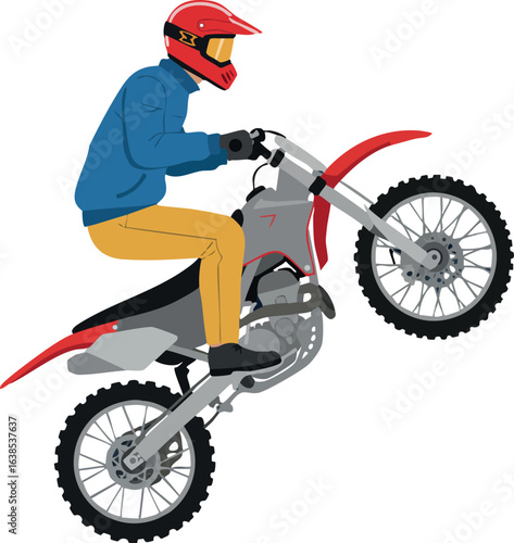 Dirt bike rider performing wheelie stunt with red helmet and colorful outfit vector illustration 