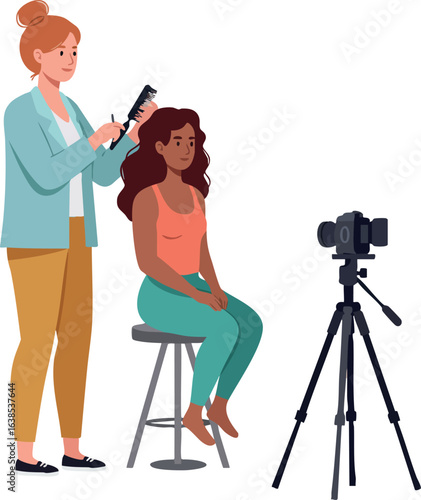 Hairdresser styling curly hair for woman in front of camera tripod vector illustration 