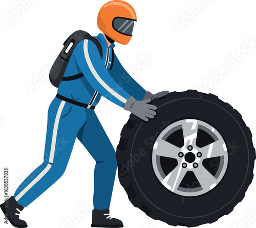 Race car driver pushing large black tire in blue racing suit and orange helmet vector illustration 