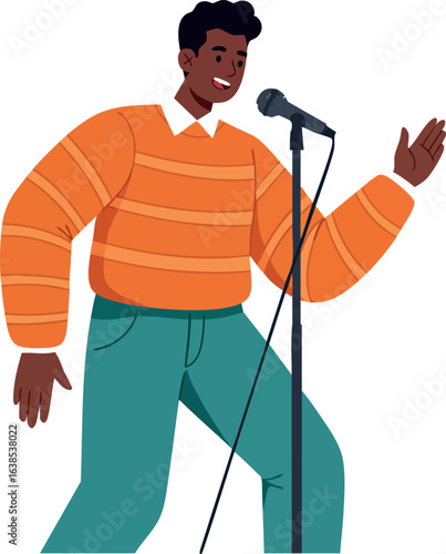 Male Speaker Wearing Orange Sweater Performing on Microphone Vector Illustration 