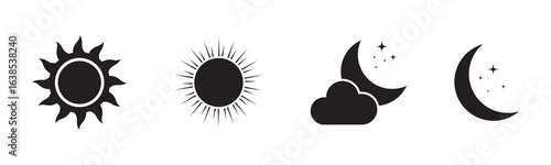 Sun and Moon icon, vector. Moon and stars silhouette. Sun and moon flat icon. Shining Sun and crescent Moon. Vector Illustration.