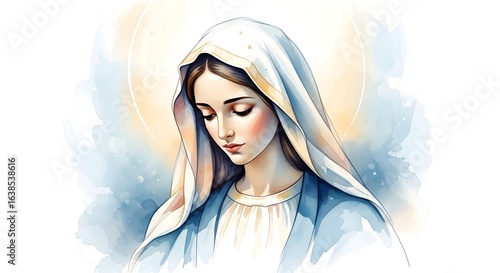 Generative AI of The Virgin Mary in a Soft Watercolor Style, Portrait of the Blessed Mother