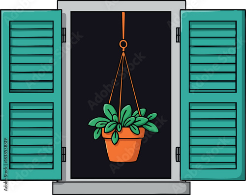 Hanging potted plant with green leaves in open turquoise shutters window vector illustration 