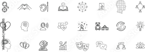Psychotherapy Types line icon set. Vector pictograms of therapy methods, approaches, mental health treatments, cognitive, behavioral, humanistic, positive psychology gestalt thin linear illustration.
