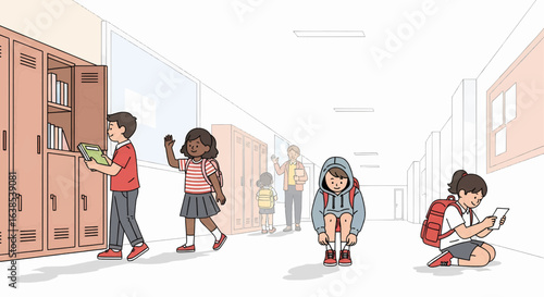 A diverse group of students in a school hallway, illustrating social interactions and feelings of childhood loneliness.