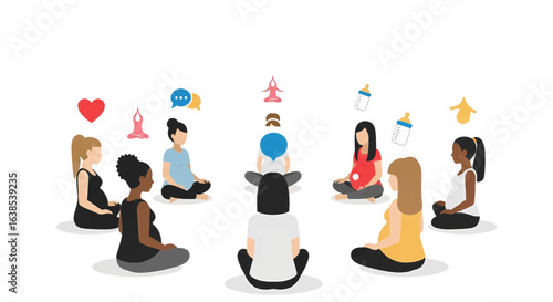 Diverse group of pregnant women attending a prenatal yoga and support class, sitting in a circle for wellness.