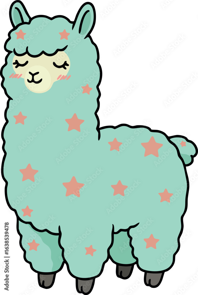 Fototapeta premium Cute turquoise llama with pink stars vector illustration in cartoon style 