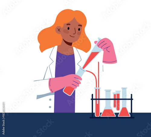 Female Scientist Conducting Laboratory Experiment with Red Liquid in Test Tubes Vector Illustration 