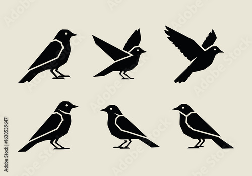 Wallpaper Mural Vector art of collection of black bird silhouettes in various poses, including flying and perched, against a light patterned background Torontodigital.ca