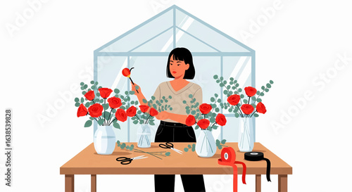 Woman florist creating a beautiful bouquet of red flowers in a vase at her workshop. Small business owner arranging floral compositions.