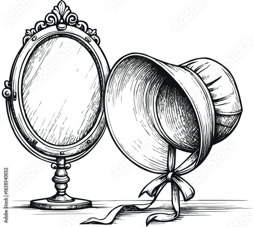 Silhouette vector A detailed hand-drawn sketch features a woman's vintage bonnet with a wide brim and tied ribbons, displayed alongside an ornate oval-shaped wooden mirror frame