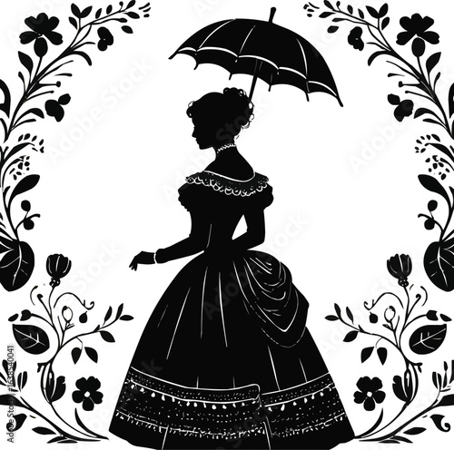 Silhouette vector A black silhouette portrait of a Victorian woman in profile view, wearing a full-length gown,  an ornate oval-shaped floral pattern