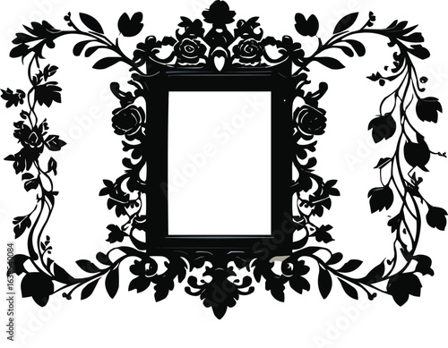 Silhouette vector A silhouette on white with black of a vintage rectangular frame featuring intricate floral design with elaborate roses