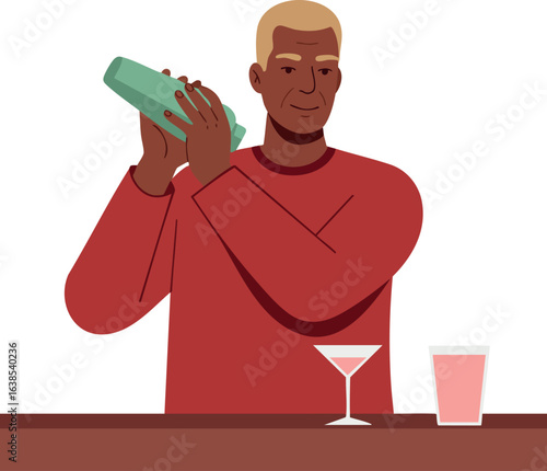 Man mixing cocktail at bar with shaker and drinks in red outfit vector illustration 
