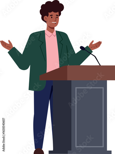 Male speaker giving presentation at podium in green blazer and pink shirt vector illustration 