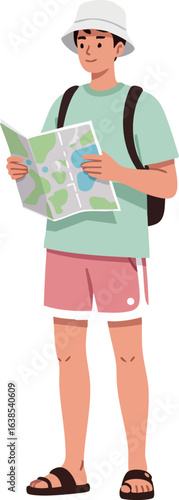 Young man traveler with map and backpack wearing casual summer clothes vector illustration 