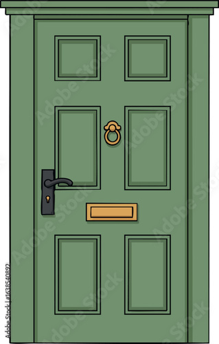 Green Classic Wooden Door with Brass Knocker and Letterbox Vector Illustration 
