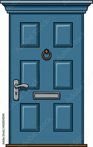 Blue front door with metal handle mail slot and knocker vector illustration 