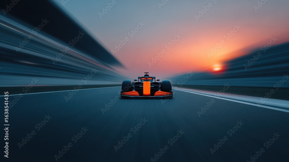 Obraz premium A race car is speeding down a track with the sun setting in the background