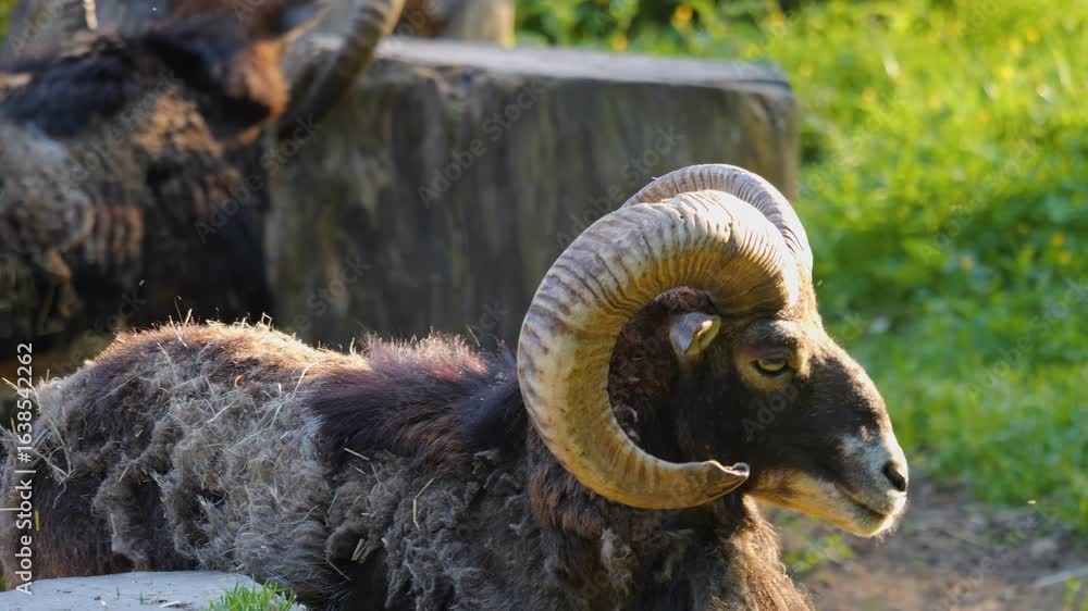 Close up of Mouflon, ram looking around a meadow on sunny day in spring Close up of Mouflon, ram looking around a meadow on sunny day in spring