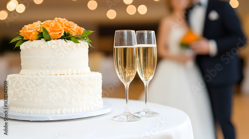 lavish wedding reception featuring a beautiful cake display and a champagne toast