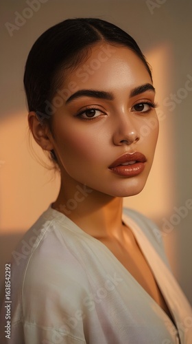 Portrait of a young woman with natural makeup and glossy lips, illuminated by soft light, showcasing beauty and elegance in a serene atmosphere